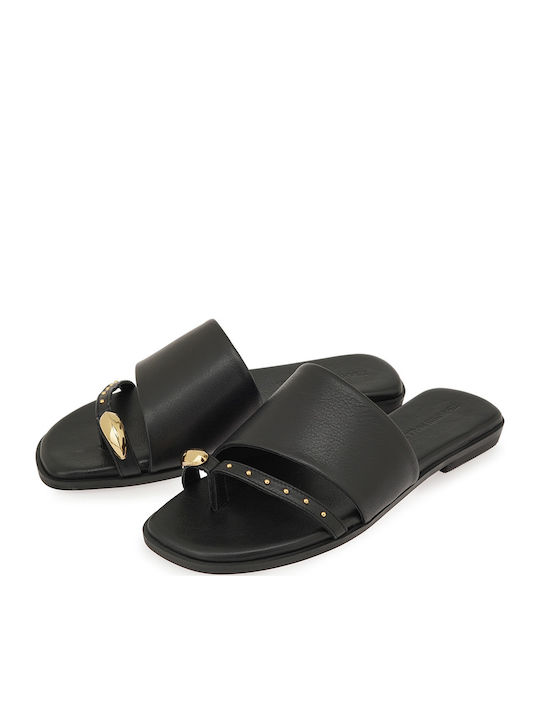 Leder Flache Sandalen für Damen Schwarz