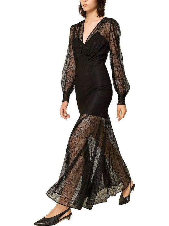 Maxi Evening Dress with Lace Black