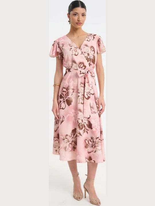 Summer Midi Evening Shirt Dress Satin Wrap Pink