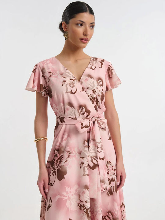 Summer Midi Evening Shirt Dress Satin Wrap Pink