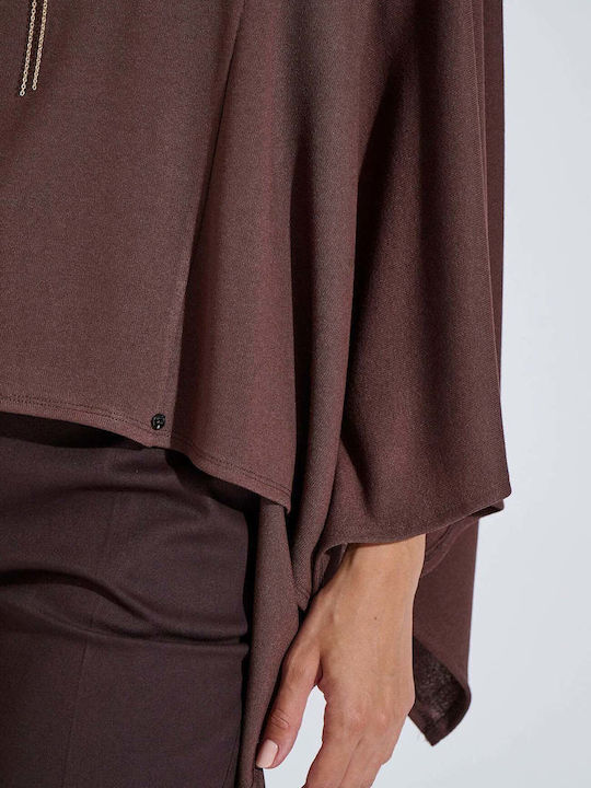 Women's Blouse with 3/4 Sleeve and Smile Neckline Brown