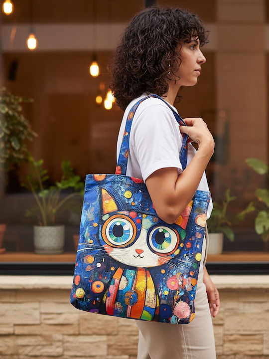 Inspiral Tree Tote Τσάντα Ώμου Υφασμάτινη Γάτα Πολύχρωμη