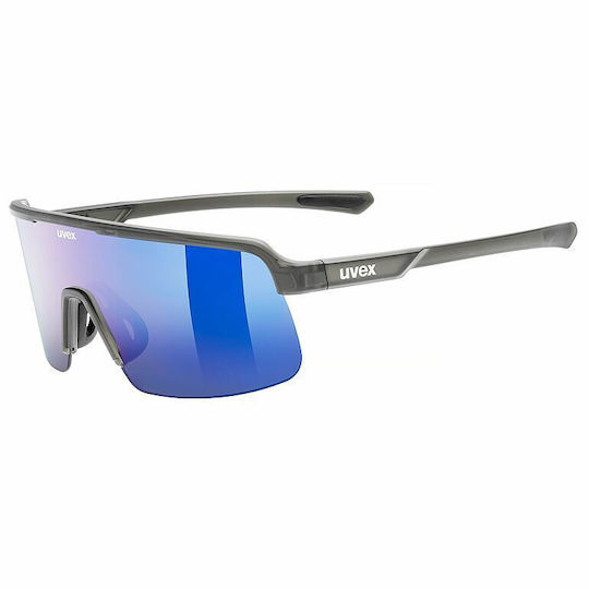 Uvex Cycling Glasses with Blue Frame and Dark Mirror Lenses