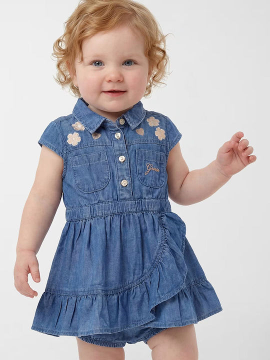 Kinderkleid Kurzärmelig Denim Set mit Slip Slub Denim
