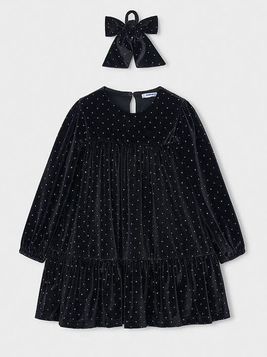 Mädchenkleid Langärmelig Samt Set aus 2 mit Zubehör Schwarz