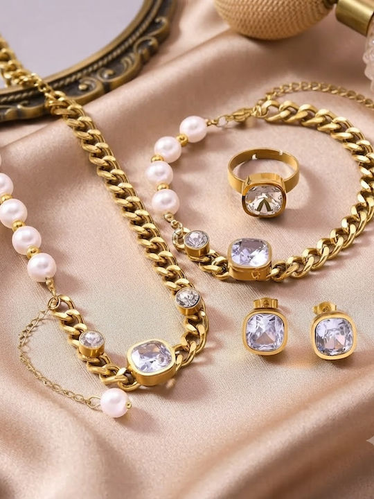 Set with Necklace Earrings Ring & Bracelet Made of Steel with Stones and Pearls Set with Necklace Earrings Ring & Bracelet Made of Steel with Stones and Pearls