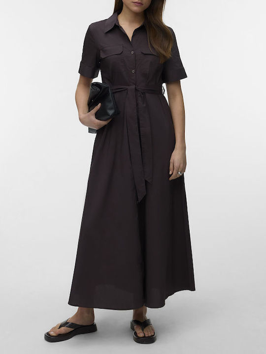 Summer Midi Shirt Dress Brown