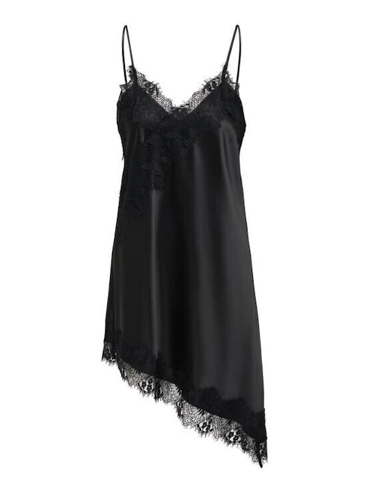 Summer Mini Evening Satin Slip Dress with Lace Black