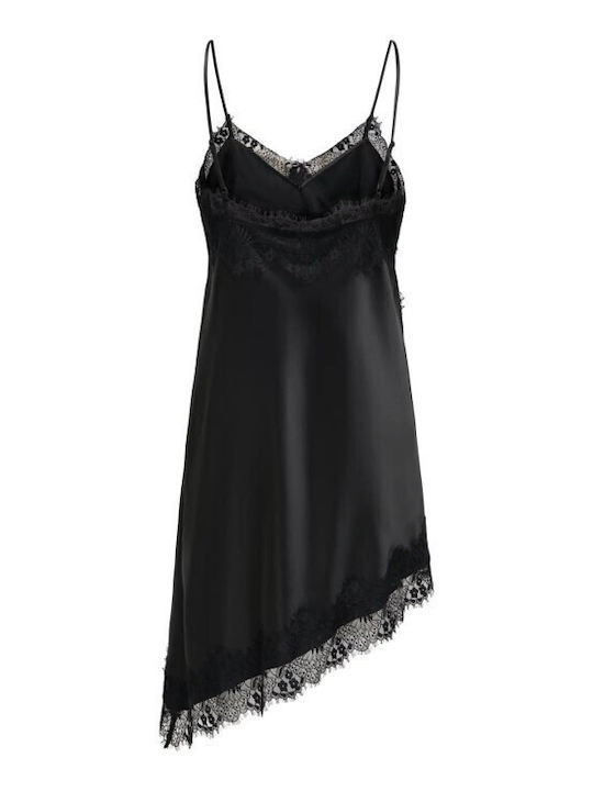 Summer Mini Evening Satin Slip Dress with Lace Black