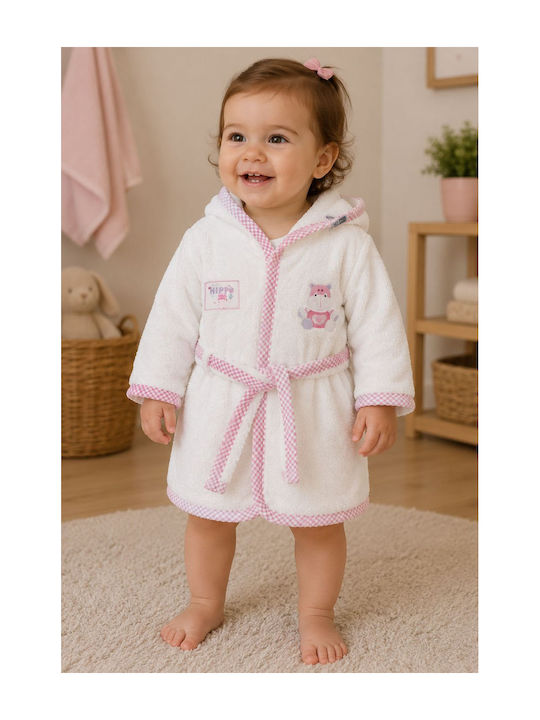 Elma Cocuk Kids Bathrobe White-Pink with Hood