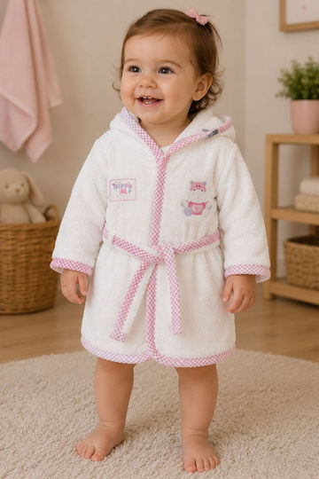 Elma Cocuk Kids Bathrobe White-Pink with Hood