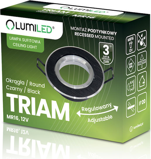 Вградена Кръгла Подвижна Таванна Светлина Халоген Gu10 Mr16 Черна Triam Lumiled