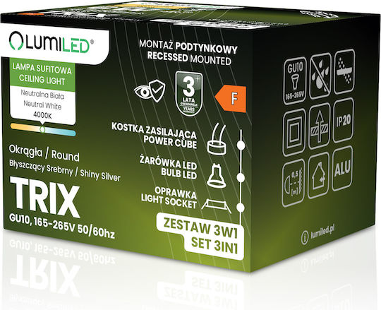 Αλογόνου Στρογγυλό Κινητό Φωτιστικό Trix 3 1 Gu10 6w 4000k Γυαλιστερό Ασημί Lumiled