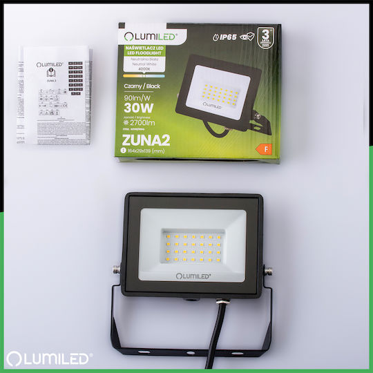 Προβολέας Led Zuna2 30w 2700lm 4000k Ip65 Μαύρος Φωσφορικός
