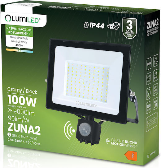 LED Flutlichter Zuna2 100W 9000lm 4000K Ip44 Schwarzer Bewegungssensor Lumiled