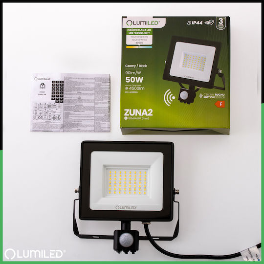 LED Flood Light Zuna2 50W 4500lm 4000K IP44 Black Motion Sensor Lumiled