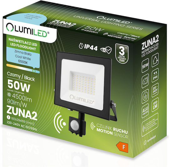 Proiector Led Zuna2 50w 4500lm 6500k Ip44 Negru Senzor de Mișcare Lumiled