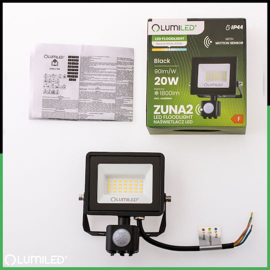 LED Flutlichter Zuna2 20W 1800lm 4000K Ip44 Schwarzer Bewegungssensor Lumiled
