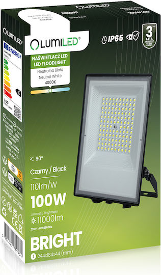 Φωτεινός Προβολέας Led Εξωτερικού Χώρου 100w 11000lm 4000k Αδιάβροχος Ip65 Lumiled