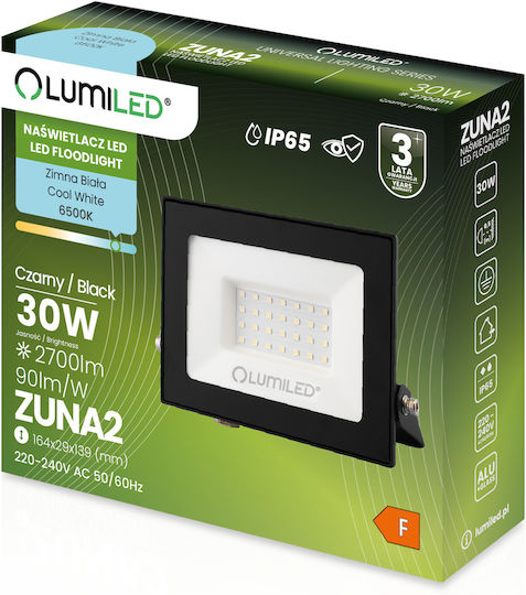 Προβολέας Led Zuna2 30w 2700lm 6500k Ip65 Μαύρος Φωσφορικός