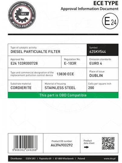 Φίλτρο Σωματιδίων Mercedes-benz Vito Viano A6394900292