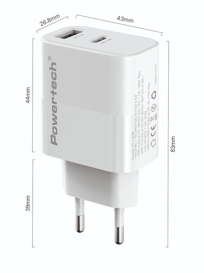 Powertech USB-A and USB-C Port Charger and USB-C Cable 20W Power Delivery / Quick Charge 3.0 White (PT-1635)