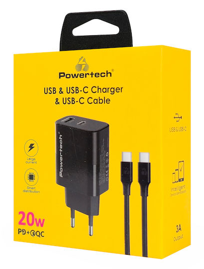 Powertech USB-A and USB-C Charger and USB-C - USB-C Cable 20W Power Delivery / Quick Charge 2.0 / Quick Charge 3.0 Black (PT-1637)