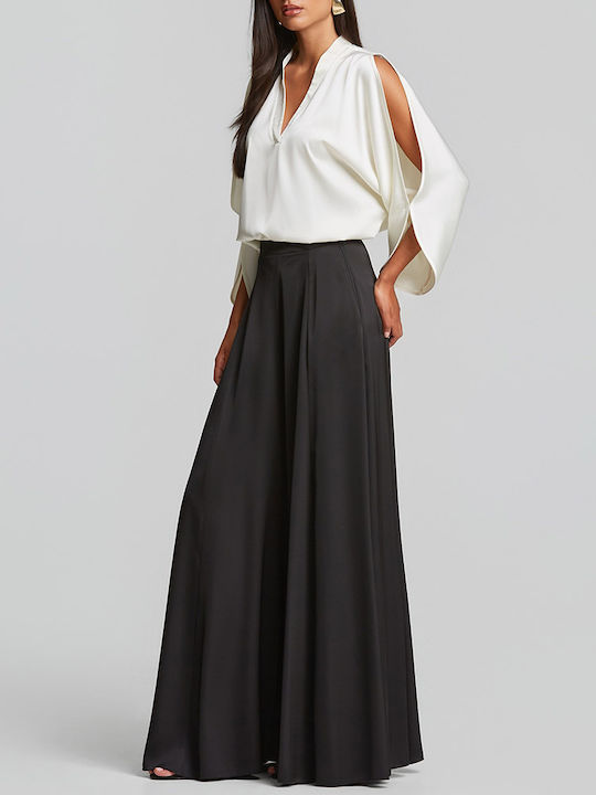 Women's Satin Blouse with V-Neck Ecru