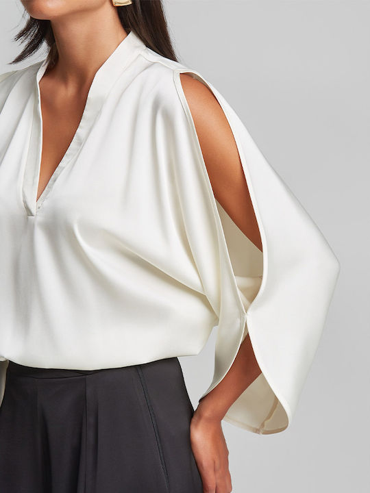 Women's Satin Blouse with V-Neck Ecru