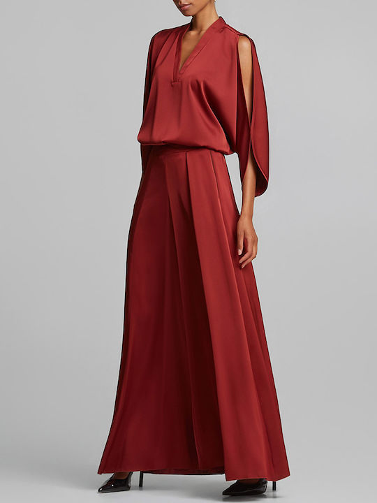 Women's Satin Blouse with V-Neck Dark Red
