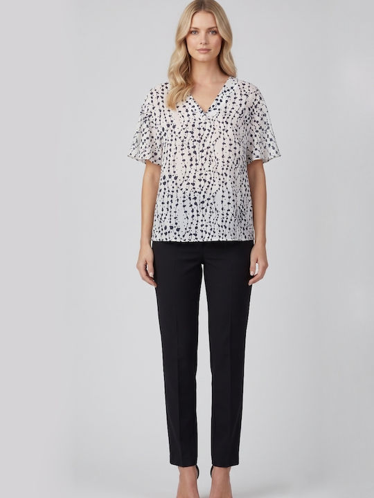 Bluza Damă Crop Top cu Decolteu în V Alb Cu Buline