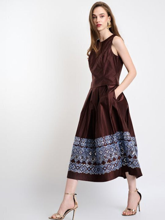 Satin Hohe Taille Midi Damenrock Braun