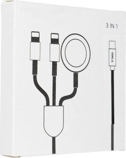 Cablu de încărcare 3 în 1 Type-c la 2x Lightning și Apple Watch 1.2m Alb