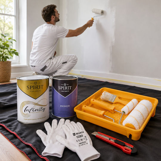 Комплект За Боядисване До 45 М² Покривна Повърхност Spirit Infinity Finish 45 Стайна Бяла Боя С Яйчен Финал Праймер Аксесоари