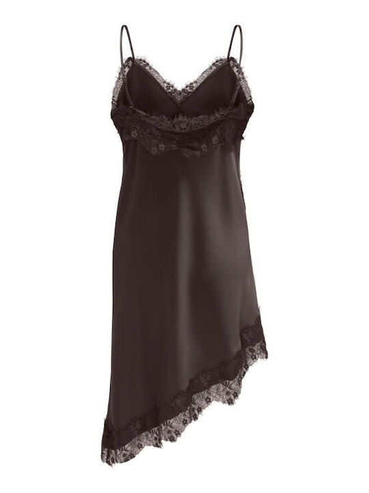 Only Summer Mini Evening Slip Dress Strapless Satin with Lace Brown