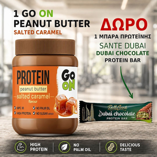 Go On Nutrition Smooth Peanut Butter with Extra Protein with Salted Caramel 350gr + Gift Protein Bar Sante Dubai 45gr