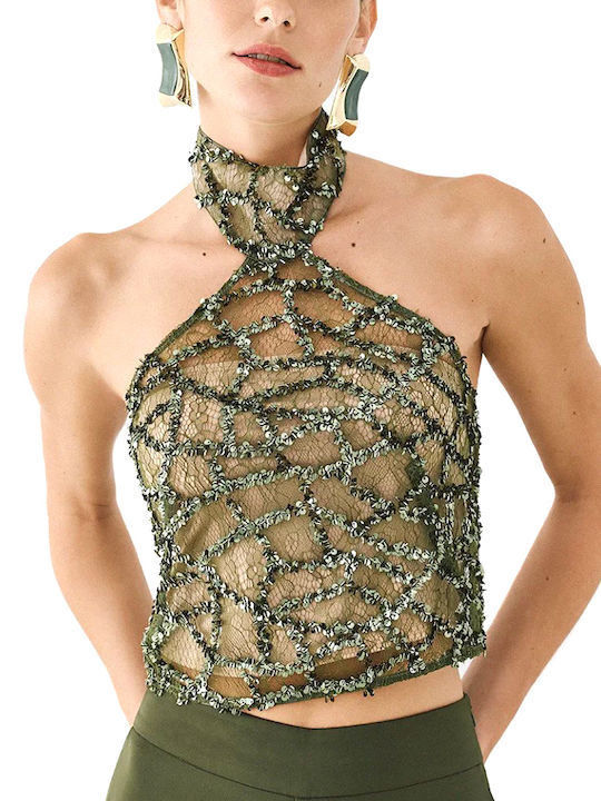 Damen Crop Top Ärmellos mit Bindung am Ausschnitt Grün- Khaki