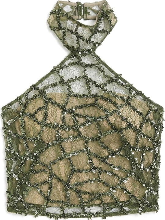 Damen Crop Top Ärmellos mit Bindung am Ausschnitt Grün- Khaki