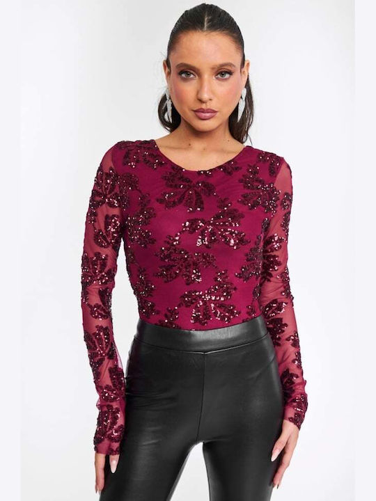 Bodysuit Pentru Femei See Through & Paiete Burgundy Bodysuit Pentru Femei See Through & Paiete Burgundy