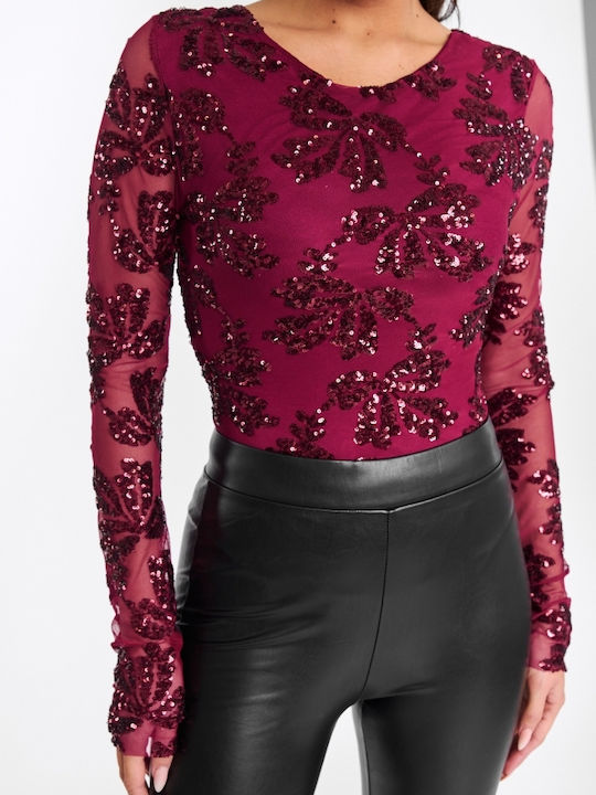 Bodysuit Pentru Femei See Through & Paiete Burgundy