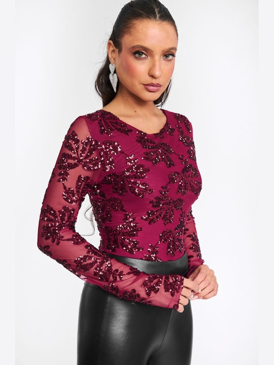 Bodysuit Pentru Femei See Through & Paiete Burgundy