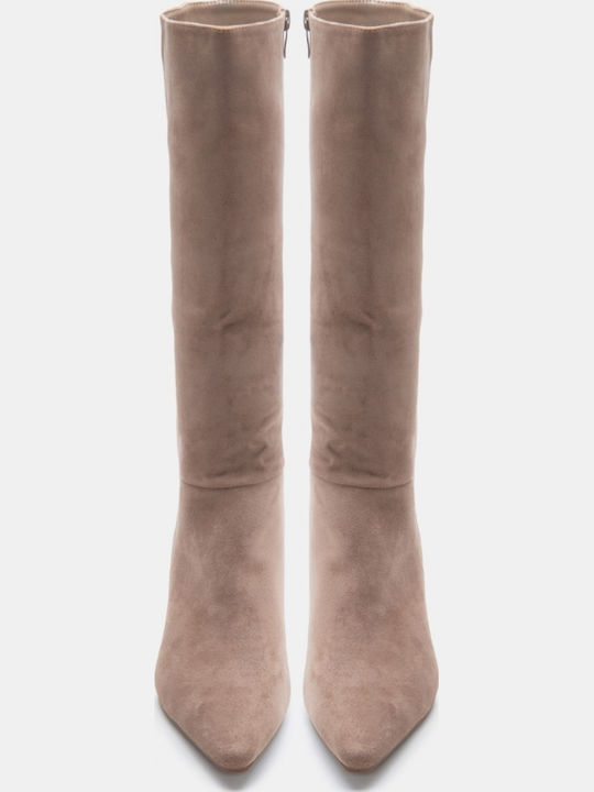 Suede Damenstiefel mit Mittelhohem Absatz Beige