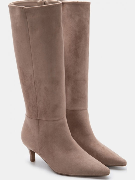 Suede Damenstiefel mit Mittelhohem Absatz Beige