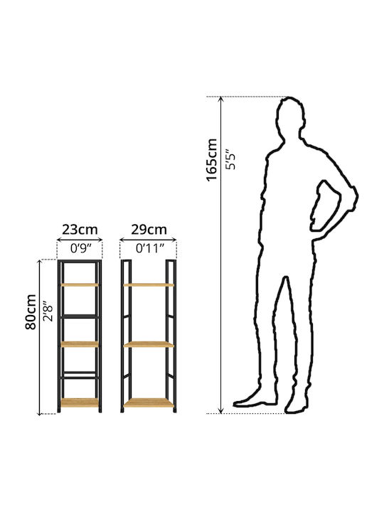 Bookcase Artemis-3080 Oak 3 Shelves 29.1x23.5x80cm Black Metal Frame