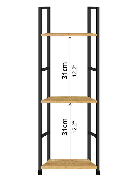 Bookcase Artemis-3080 Oak 3 Shelves 29.1x23.5x80cm Black Metal Frame