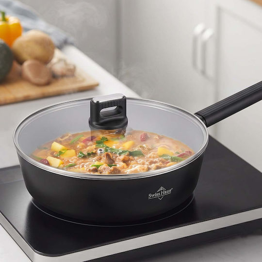 Tigaie Adâncă Swiss Haus 28cm cu Capac din Sticlă Neagră
