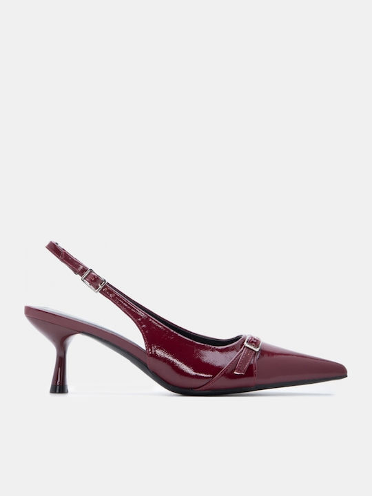 Spitze Zehe Pumps mit Riemen & Mittlerem Absatz Burgundisch