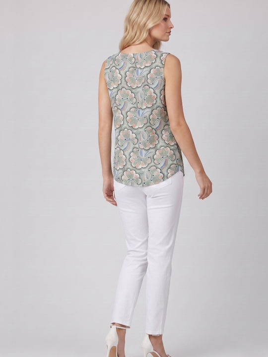 Bluza Damă Fără Mâneci Floral Mentă Eșarfă