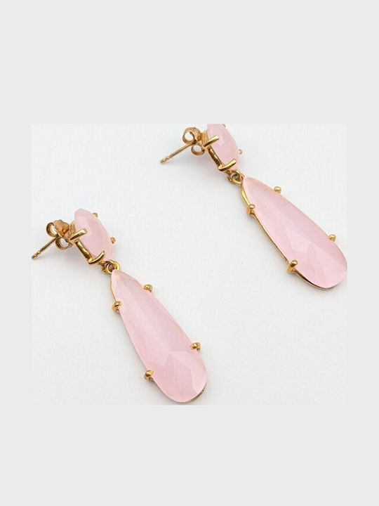 Grekas Silver Gold Plated Dangle Earrings with Pink Stones
