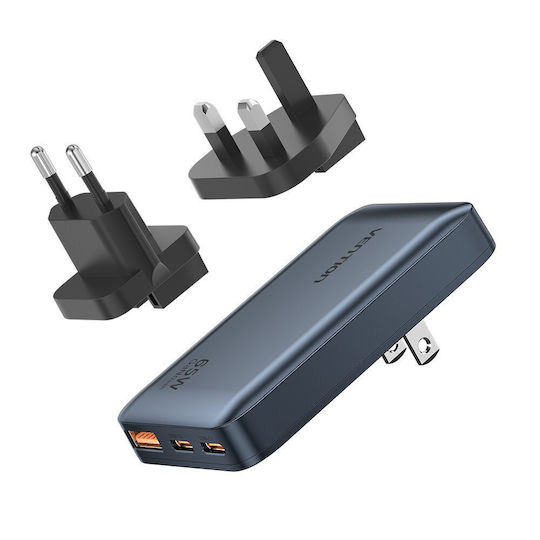 Vention Wireless GaN Charger With USB-A Port And 2 USB-C Ports 65W Power Delivery Gray